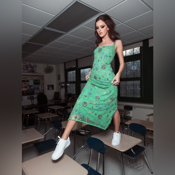 MAC DUGGAL 10808 NWT Hand Beaded Floral Gown with Beaded Spaghetti Straps - Picture 4 of 7